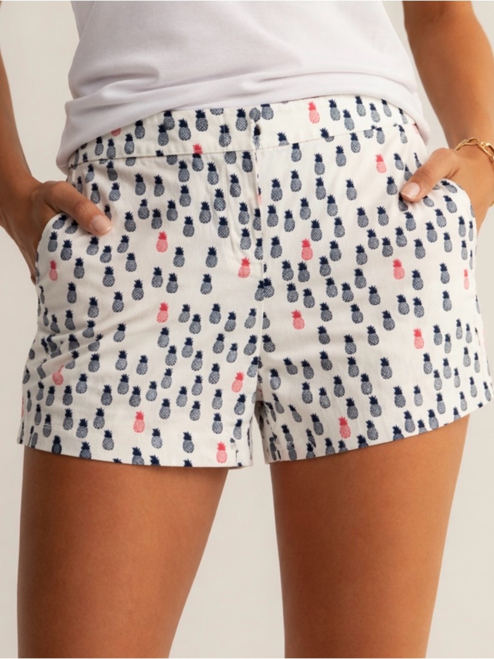 J. Crew Womens Chino White with Navy Blue & Coral Pineapple Print Shorts Size 12 - Picture 11 of 11
